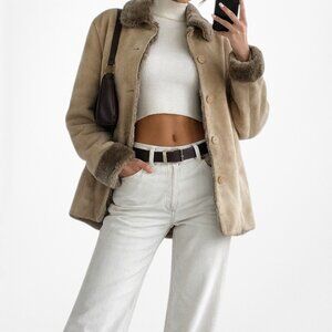 Vintage Y2K Brown Faux Fur Lined Trim Suede Teddy Jacket Coat Size S